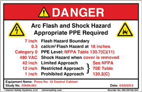 Figure 2: A specific arc flash safety label (courtesy of Clarion Safety Systems © 2012) as defined by an arc flash study typically applied by the equipment owner after an arc flash study.