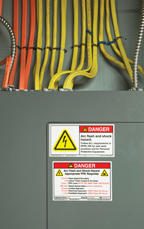 Figure 3: Examples of standards-compliant, best practice arc flash safety labels (courtesy of Clarion Safety Systems © 2012) in use.