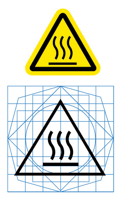 Figure 2: The standardized ISO symbol for “Warning Hot Surface” and the IEC “Caution - hot surface” function and control symbol #5041, respectively.