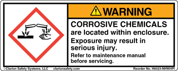 Figure 4: Old (top) and new (bottom) equipment safety labels pertaining to a potential corrosive chemical hazard, courtesy of Clarion Safety Systems © 2012.