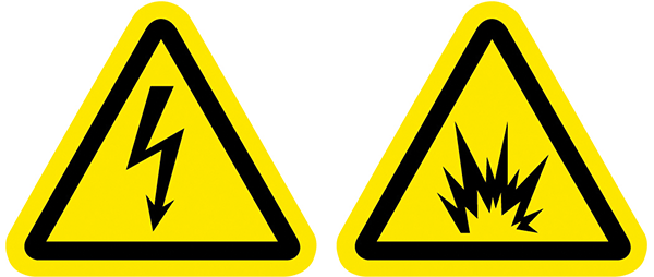Figure 1: Past symbols used to warn of arc flash. At left, an ISO 7010 symbol meaning “To warn of electricity” and at right, another symbol to warn of explosion/pressure hazards.